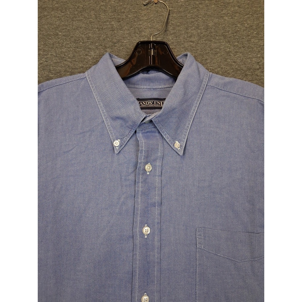 Lands End Mens Shirt L Blue Button Down Trim Fit Travel Minimalist Capsule